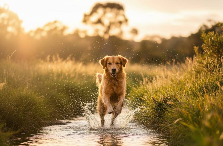An epic moment of a golden retriever joyfully leaping through long grass at Wyndham Vale's parklands, bathed in golden hour light, captured during a joyful pet photography Wyndham Vale adventure.