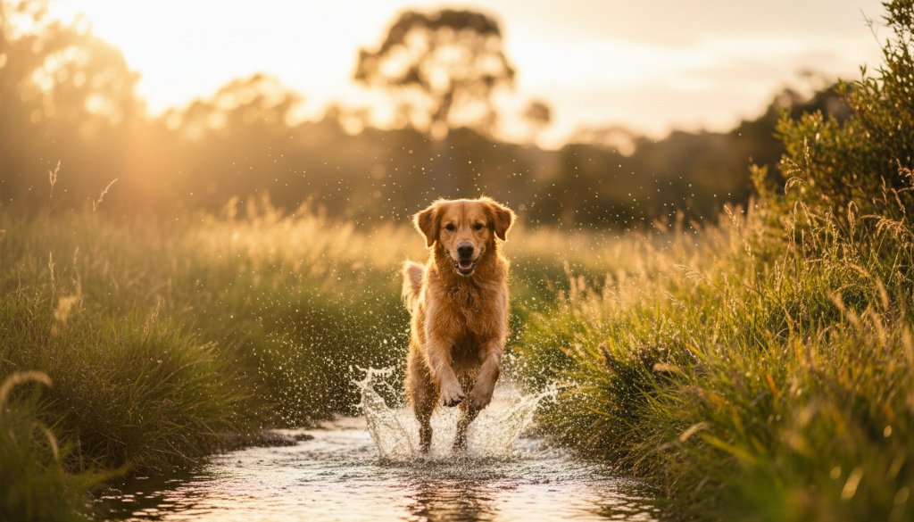 An epic moment of a golden retriever joyfully leaping through long grass at Wyndham Vale's parklands, bathed in golden hour light, captured during a joyful pet photography Wyndham Vale adventure.