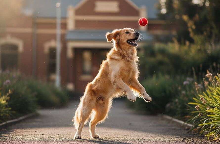 An energetic golden retriever mid-leap in Yarraville Village Gardens, bathed in golden hour light, embodying joyful pet photography Yarraville Village Gardens, captured in an epic, professional shot.