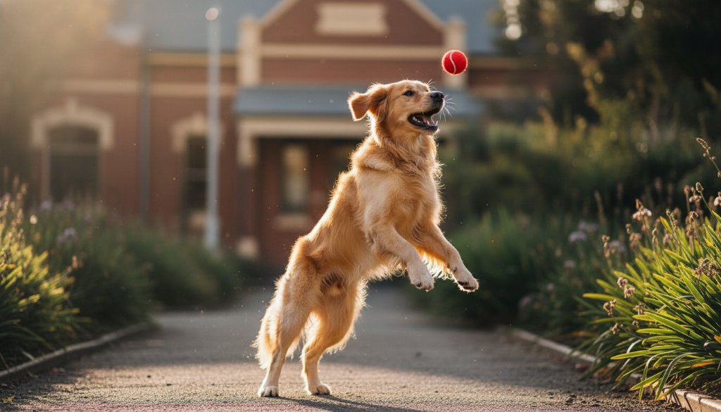 An energetic golden retriever mid-leap in Yarraville Village Gardens, bathed in golden hour light, embodying joyful pet photography Yarraville Village Gardens, captured in an epic, professional shot.