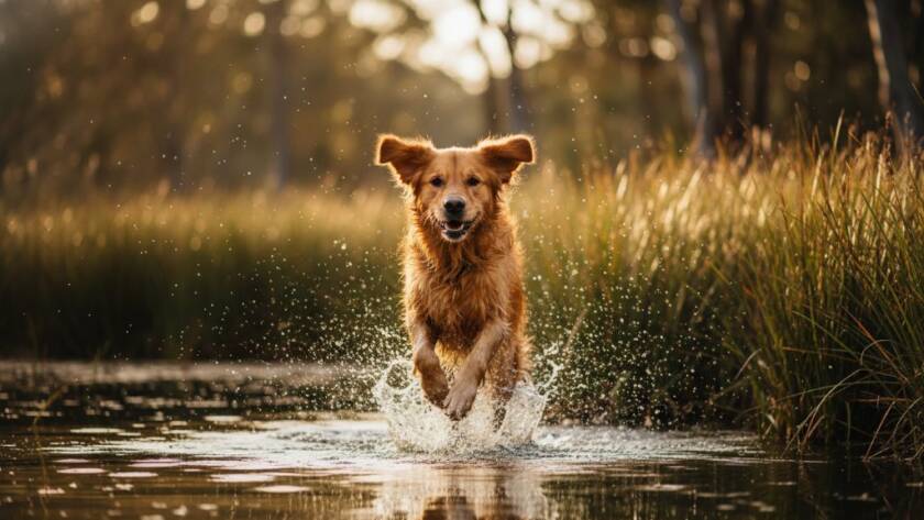 A breathtaking golden retriever, mid-leap with pure joy, captured in stunning golden hour light near a wetland in Bangholme, Victoria, epitomising the essence of joyful pet portraits Bangholme Victoria.