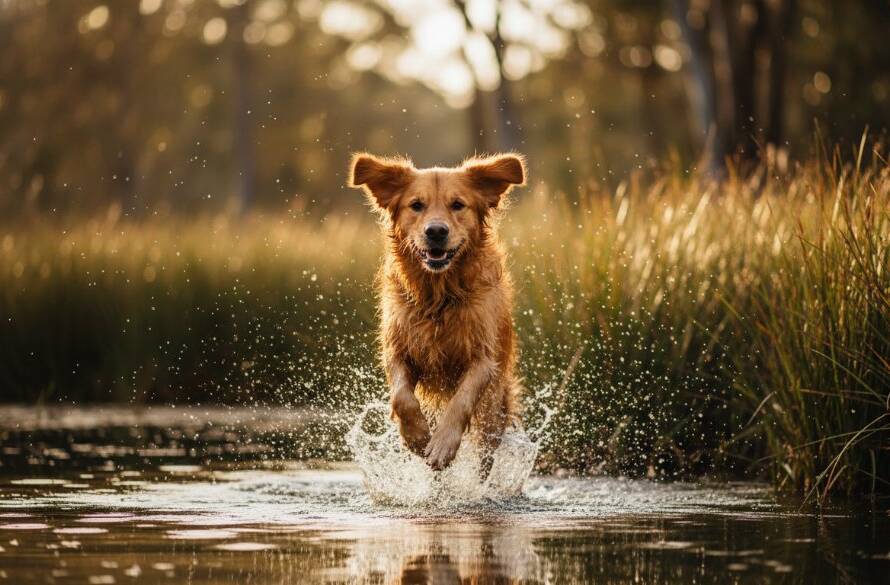 A breathtaking golden retriever, mid-leap with pure joy, captured in stunning golden hour light near a wetland in Bangholme, Victoria, epitomising the essence of joyful pet portraits Bangholme Victoria.