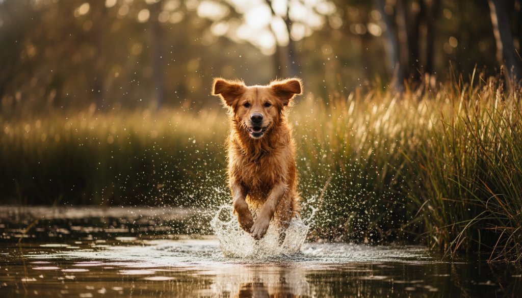 A breathtaking golden retriever, mid-leap with pure joy, captured in stunning golden hour light near a wetland in Bangholme, Victoria, epitomising the essence of joyful pet portraits Bangholme Victoria.