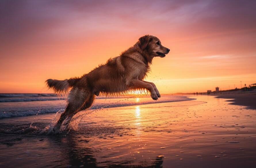 A vibrant, low-angle action shot of a golden retriever leaping through the shallow waves at sunset on Chelsea Beach, capturing the essence of joyful pet portraits Chelsea Beach Victoria with golden light.