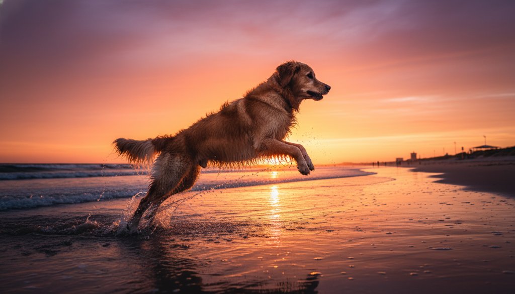 A vibrant, low-angle action shot of a golden retriever leaping through the shallow waves at sunset on Chelsea Beach, capturing the essence of joyful pet portraits Chelsea Beach Victoria with golden light.