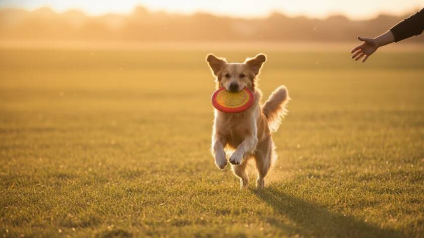A stunning, colour-graded professional photograph capturing a joyful pet portraits Hillside Victoria moment: a golden retriever mid-leap, joyfully retrieving a frisbee in a sun-drenched, open parkland in Hillside, Victoria, with its owner laughing in the soft background, golden hour lighting.