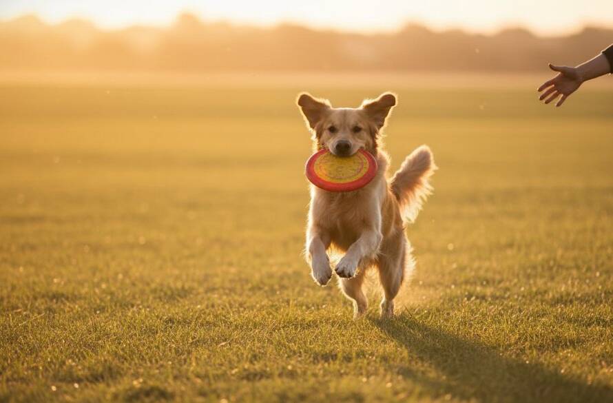 A stunning, colour-graded professional photograph capturing a joyful pet portraits Hillside Victoria moment: a golden retriever mid-leap, joyfully retrieving a frisbee in a sun-drenched, open parkland in Hillside, Victoria, with its owner laughing in the soft background, golden hour lighting.
