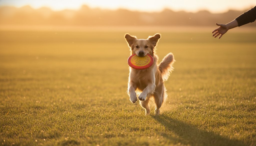 A stunning, colour-graded professional photograph capturing a joyful pet portraits Hillside Victoria moment: a golden retriever mid-leap, joyfully retrieving a frisbee in a sun-drenched, open parkland in Hillside, Victoria, with its owner laughing in the soft background, golden hour lighting.