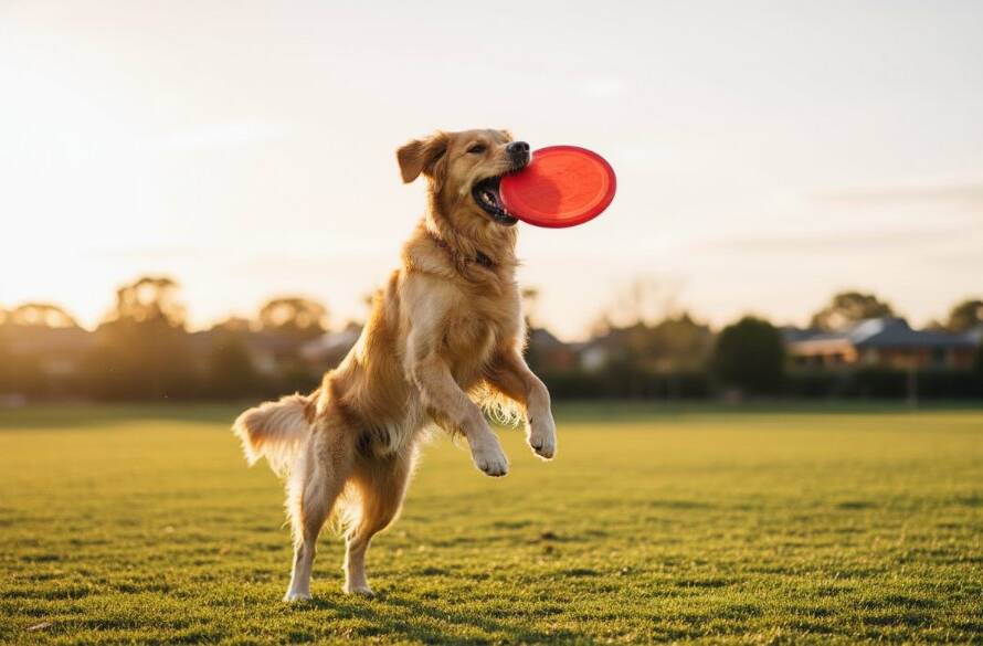 An energetic golden retriever mid-leap, fetching a frisbee against a warm, late afternoon sun in a Ringwood East park, beautifully illustrating joyful pet portraits Ringwood East Victoria with dramatic lighting and professional colour grading.