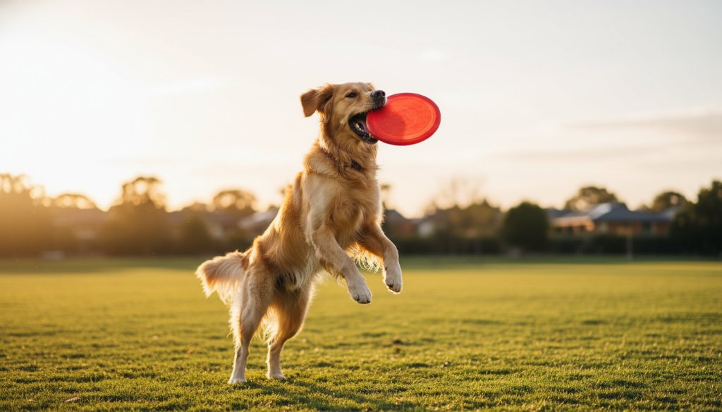 An energetic golden retriever mid-leap, fetching a frisbee against a warm, late afternoon sun in a Ringwood East park, beautifully illustrating joyful pet portraits Ringwood East Victoria with dramatic lighting and professional colour grading.