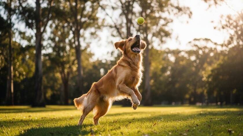 A golden retriever mid-leap, capturing joyful pet portraits in Surrey Hills Victoria, with dappled sunlight filtering through gum trees, showcasing an epic moment of playfulness.