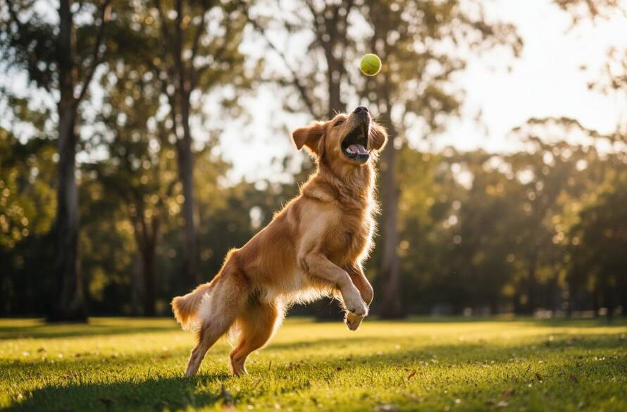 A golden retriever mid-leap, capturing joyful pet portraits in Surrey Hills Victoria, with dappled sunlight filtering through gum trees, showcasing an epic moment of playfulness.