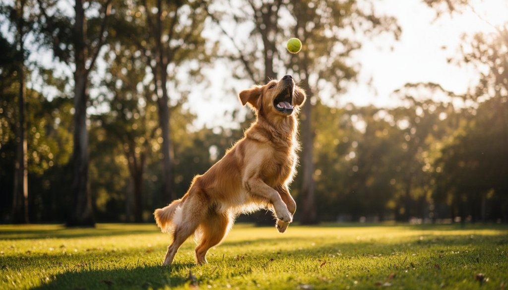 A golden retriever mid-leap, capturing joyful pet portraits in Surrey Hills Victoria, with dappled sunlight filtering through gum trees, showcasing an epic moment of playfulness.