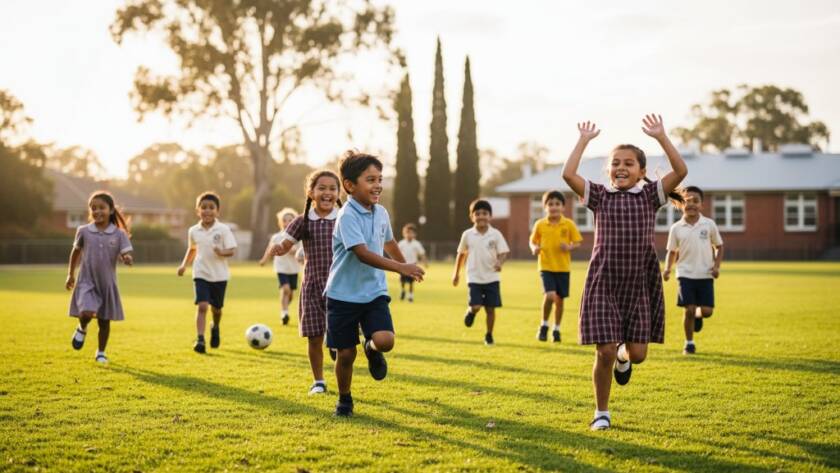 An epic moment of joyful primary school photography Bayswater North, capturing a group of diverse primary students laughing heartily on a sunny school oval, with their vibrant uniforms popping against the green field and classic gum trees in the background, all bathed in warm, cinematic golden hour light.