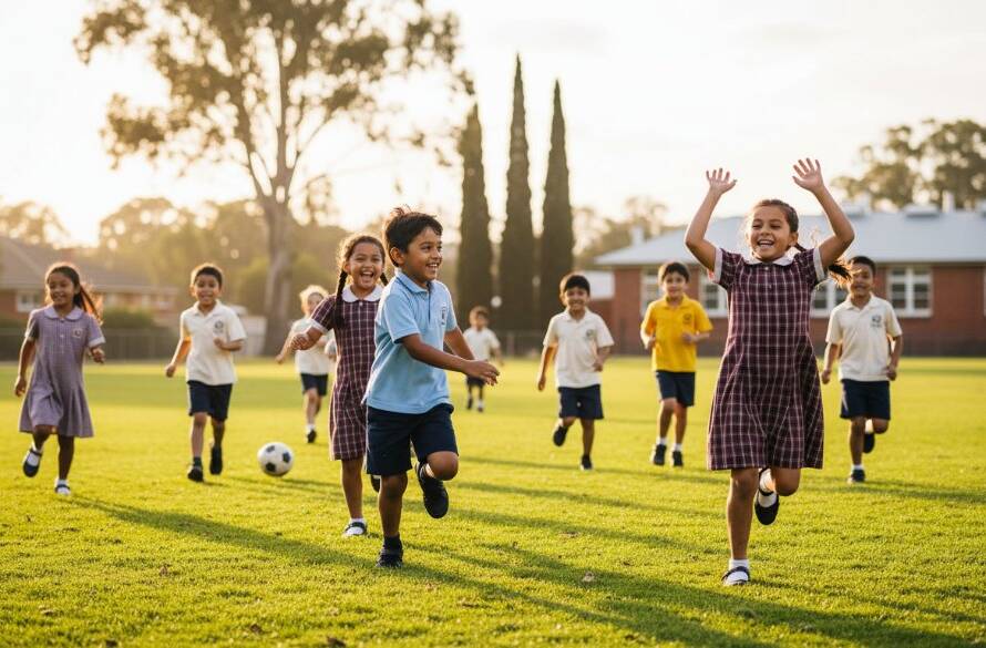 An epic moment of joyful primary school photography Bayswater North, capturing a group of diverse primary students laughing heartily on a sunny school oval, with their vibrant uniforms popping against the green field and classic gum trees in the background, all bathed in warm, cinematic golden hour light.