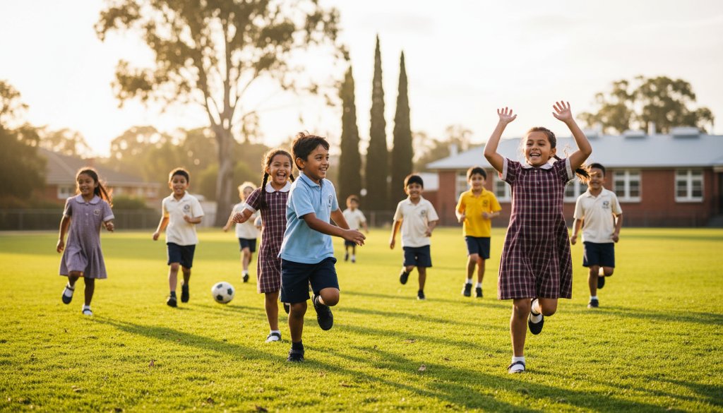 An epic moment of joyful primary school photography Bayswater North, capturing a group of diverse primary students laughing heartily on a sunny school oval, with their vibrant uniforms popping against the green field and classic gum trees in the background, all bathed in warm, cinematic golden hour light.