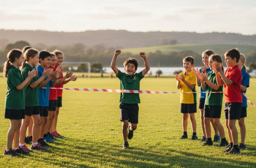 An energetic, wide-angle shot of primary school children laughing and playing joyfully on the playground at a Lysterfield school, captured with professional, warm lighting, representing Joyful Primary School Photography Lysterfield VIC.
