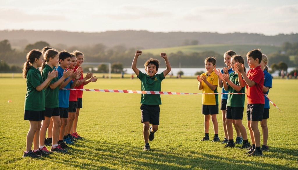 An energetic, wide-angle shot of primary school children laughing and playing joyfully on the playground at a Lysterfield school, captured with professional, warm lighting, representing Joyful Primary School Photography Lysterfield VIC.