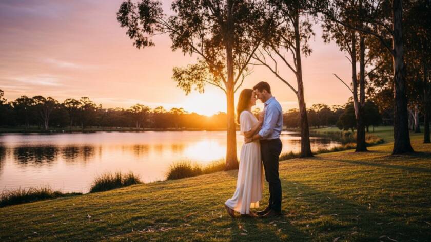 An intimate, joyful Ringwood engagement photography experience captured at sunset, featuring a couple embracing warmly by the lake, with soft golden light silhouetting them against a vibrant sky, embodying genuine love and connection.