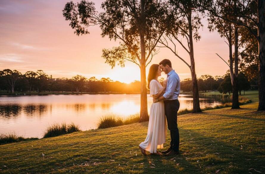 An intimate, joyful Ringwood engagement photography experience captured at sunset, featuring a couple embracing warmly by the lake, with soft golden light silhouetting them against a vibrant sky, embodying genuine love and connection.