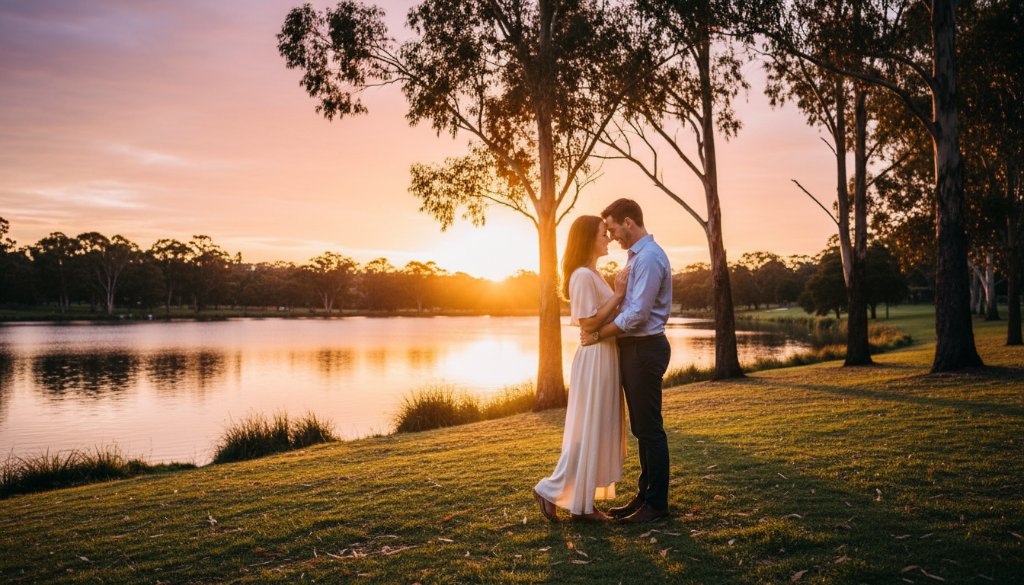 An intimate, joyful Ringwood engagement photography experience captured at sunset, featuring a couple embracing warmly by the lake, with soft golden light silhouetting them against a vibrant sky, embodying genuine love and connection.