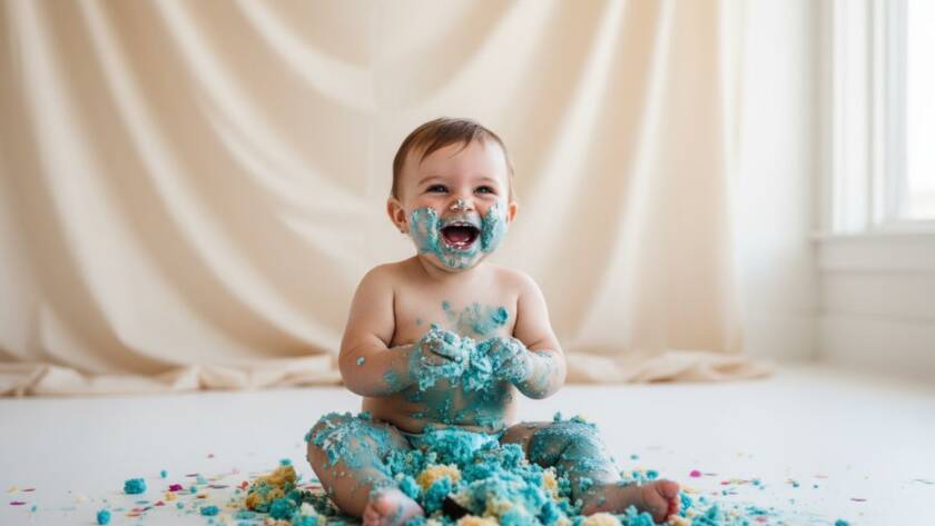 A joyful Ringwood North baby cake smash session captured in an epic, professionally lit photograph, showing a baby covered in vibrant blue and white cake, laughing amidst colourful balloons and soft sunlight in a studio setting, celebrating their first birthday with pure delight.
