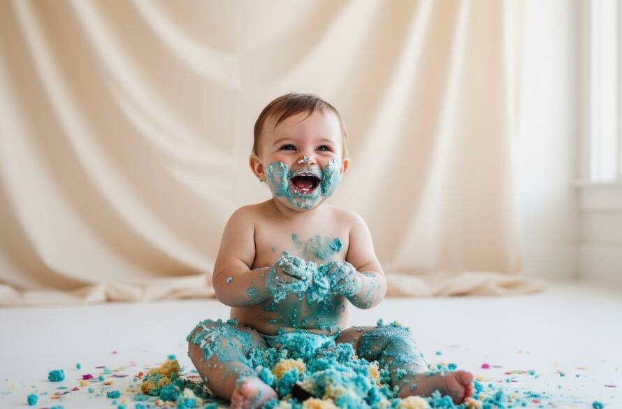 A joyful Ringwood North baby cake smash session captured in an epic, professionally lit photograph, showing a baby covered in vibrant blue and white cake, laughing amidst colourful balloons and soft sunlight in a studio setting, celebrating their first birthday with pure delight.