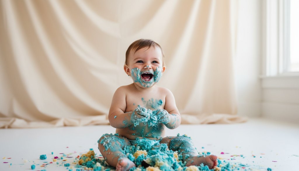 A joyful Ringwood North baby cake smash session captured in an epic, professionally lit photograph, showing a baby covered in vibrant blue and white cake, laughing amidst colourful balloons and soft sunlight in a studio setting, celebrating their first birthday with pure delight.