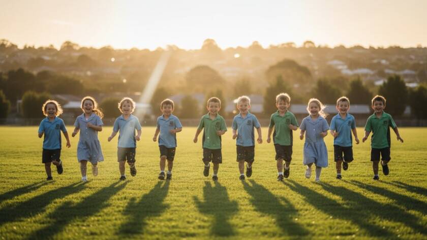A vibrant, sun-drenched wide shot showcasing joyful school photography Ringwood North, featuring a diverse group of primary school children laughing and running playfully on a green oval at sunset, with Ringwood North's tree-lined hills in the soft background, captured with dramatic backlighting and professional colour grading.