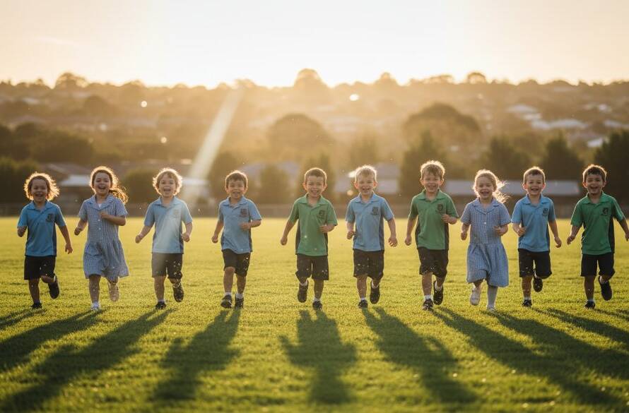 A vibrant, sun-drenched wide shot showcasing joyful school photography Ringwood North, featuring a diverse group of primary school children laughing and running playfully on a green oval at sunset, with Ringwood North's tree-lined hills in the soft background, captured with dramatic backlighting and professional colour grading.