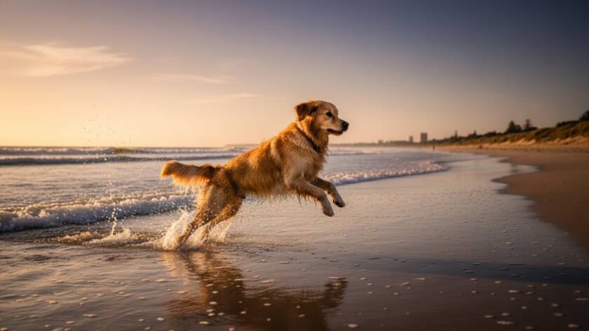 Epic moment of a Golden Retriever joyfully leaping through shallow waves on the golden sands during a joyful Seaford pet photography beach session at sunset, with dramatic backlighting and a professional, color-graded cinematic feel.