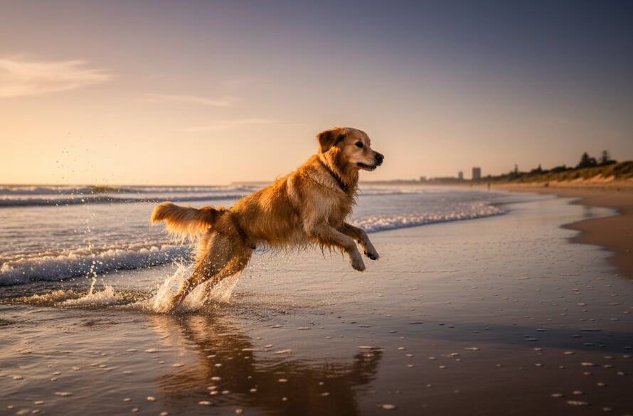 Epic moment of a Golden Retriever joyfully leaping through shallow waves on the golden sands during a joyful Seaford pet photography beach session at sunset, with dramatic backlighting and a professional, color-graded cinematic feel.