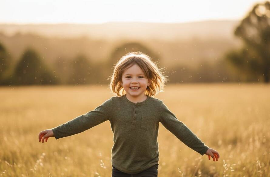 Joyful Tarneit kids photography outdoor sessions capturing an epic moment of a child laughing while running through a sun-drenched field at sunset in Tarneit, Victoria, professional photography.
