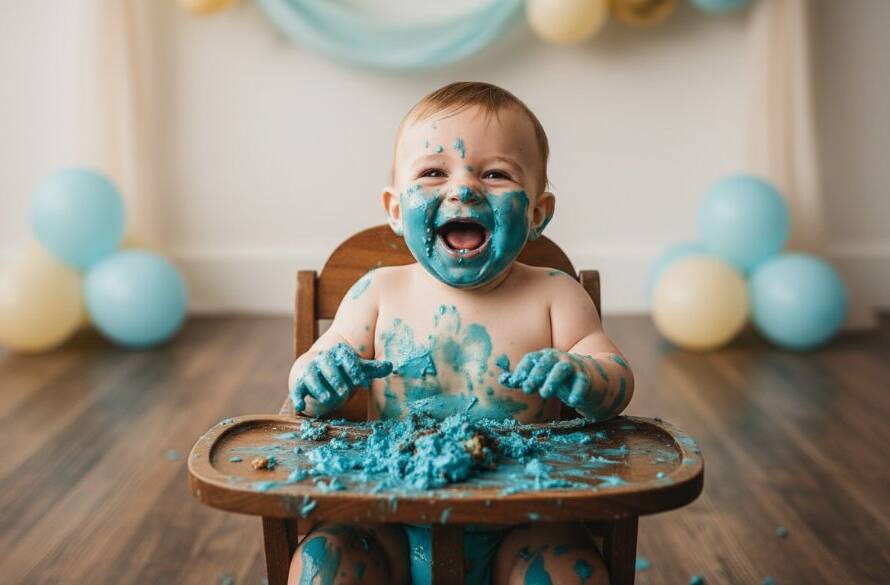 An epic moment of joyful Vermont Cake Smash Photography, featuring a beaming baby boy covered in cake, surrounded by pastel balloons in a bright, airy studio, capturing pure first birthday delight.