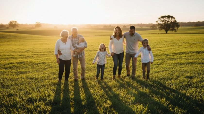 An emotional, golden hour photograph capturing joyful Wallan family photography moments, with parents embracing their children amidst the warm light of a Wallan natural setting, showcasing genuine connection and happiness.