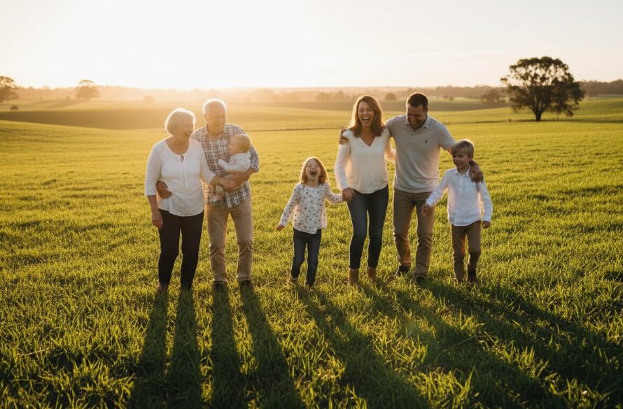 An emotional, golden hour photograph capturing joyful Wallan family photography moments, with parents embracing their children amidst the warm light of a Wallan natural setting, showcasing genuine connection and happiness.
