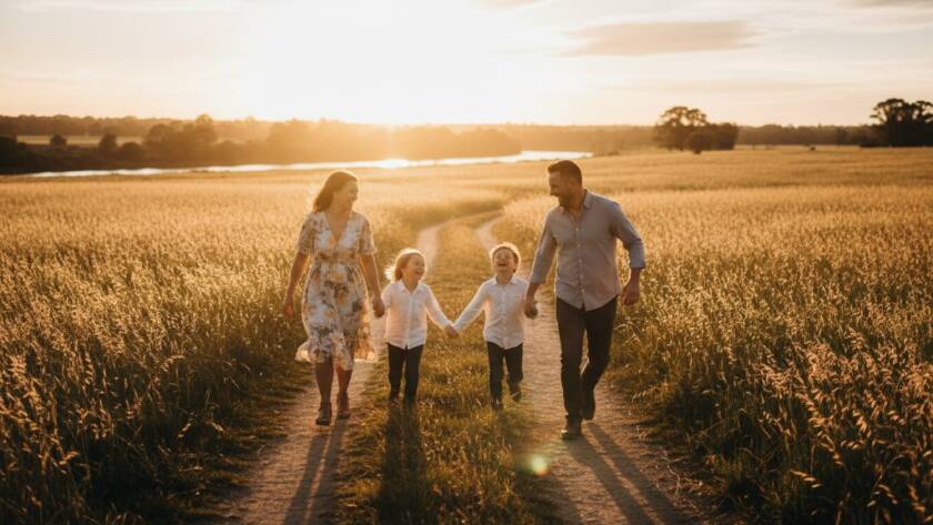 An epic moment of a family sharing a joyful Warrandyte South family photography experience, silhouetted at golden hour, running hand-in-hand through tall native grass by the Yarra River, bathed in warm, dramatic sunlight with lens flare, showcasing genuine connection and happiness, professionally colour-graded.
