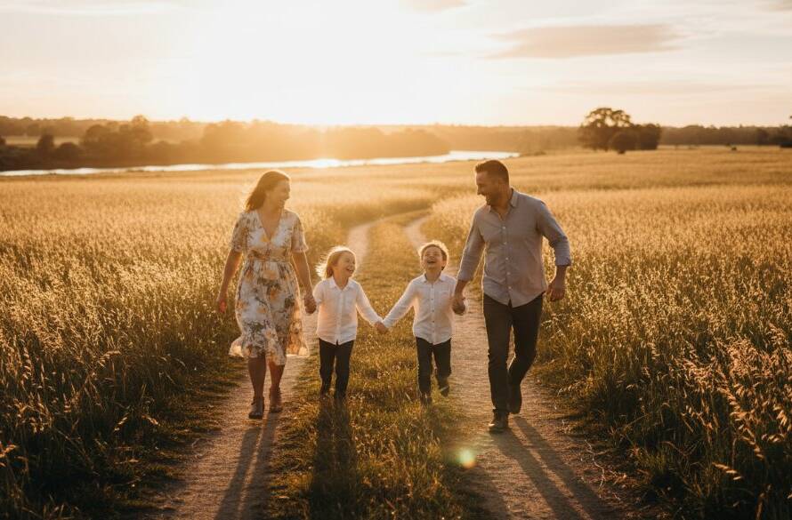 An epic moment of a family sharing a joyful Warrandyte South family photography experience, silhouetted at golden hour, running hand-in-hand through tall native grass by the Yarra River, bathed in warm, dramatic sunlight with lens flare, showcasing genuine connection and happiness, professionally colour-graded.