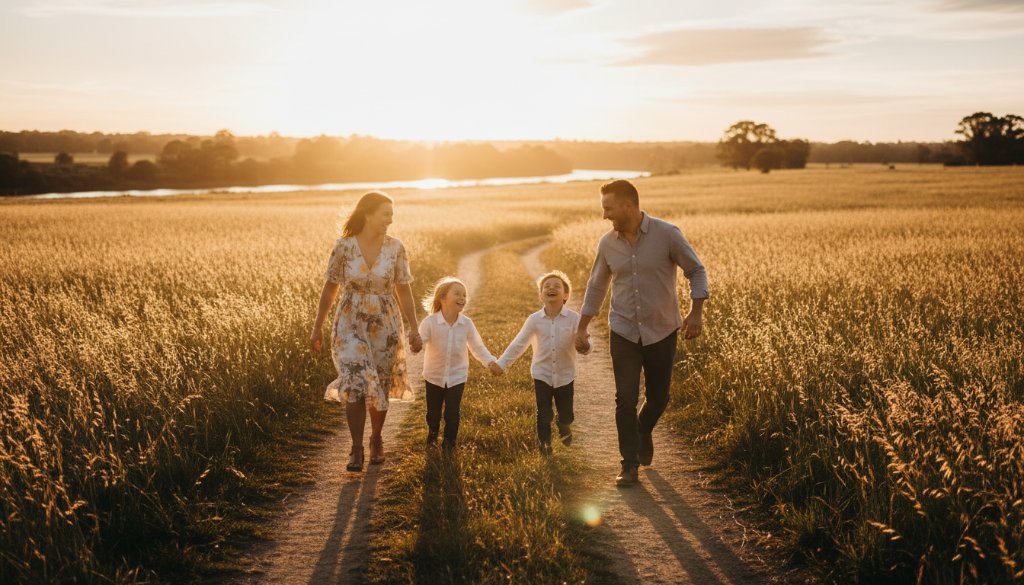An epic moment of a family sharing a joyful Warrandyte South family photography experience, silhouetted at golden hour, running hand-in-hand through tall native grass by the Yarra River, bathed in warm, dramatic sunlight with lens flare, showcasing genuine connection and happiness, professionally colour-graded.