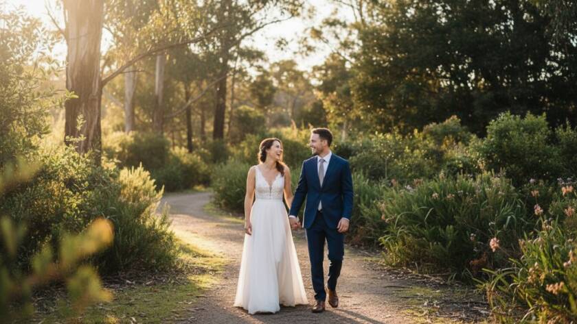 A newlywed couple sharing a joyful, candid laugh amidst the golden hour glow of the Ringwood North bushland, captured with expert joyful wedding photography, showcasing their genuine connection.