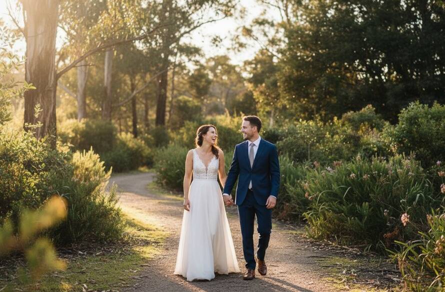 A newlywed couple sharing a joyful, candid laugh amidst the golden hour glow of the Ringwood North bushland, captured with expert joyful wedding photography, showcasing their genuine connection.