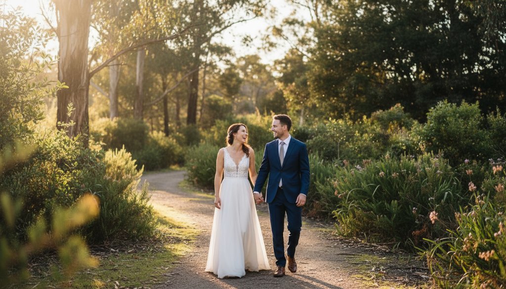 A newlywed couple sharing a joyful, candid laugh amidst the golden hour glow of the Ringwood North bushland, captured with expert joyful wedding photography, showcasing their genuine connection.
