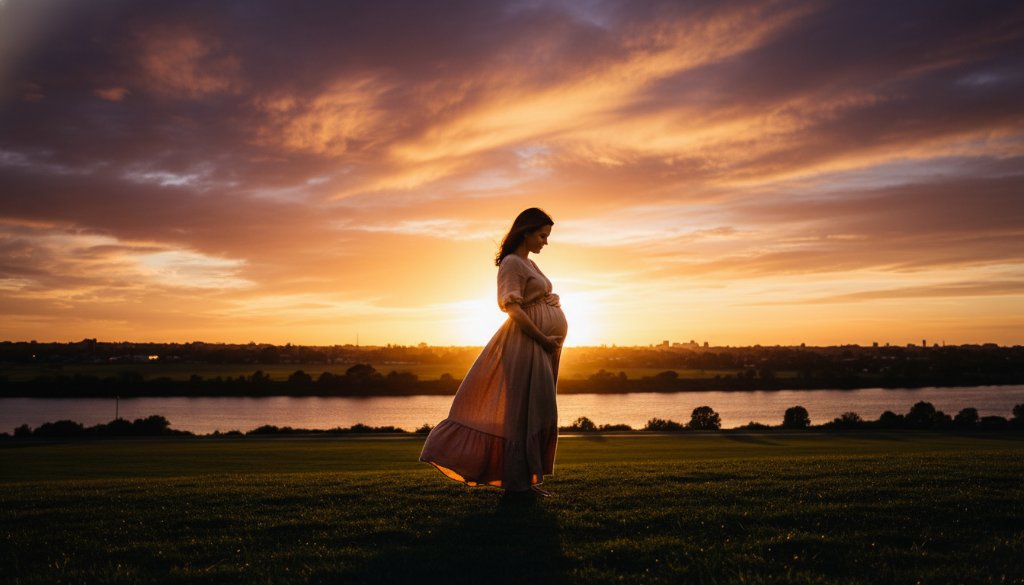 A glowing expectant mother embracing her bump during a joyful West Footscray maternity photoshoot Victoria, silhouetted against a dramatic sunset over a local park, capturing an epic, tender moment.