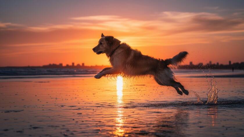 A golden retriever joyfully leaping through shallow waves on Williamstown beach at sunset, its fur illuminated by the golden light, capturing beautiful Joyful Williamstown pet photography beach memories with dramatic professional lighting and colour grading.