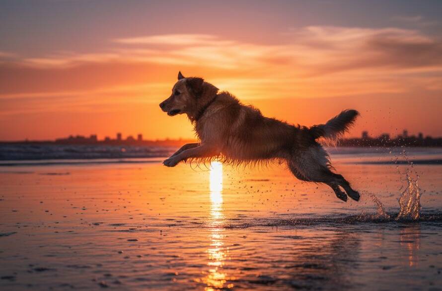A golden retriever joyfully leaping through shallow waves on Williamstown beach at sunset, its fur illuminated by the golden light, capturing beautiful Joyful Williamstown pet photography beach memories with dramatic professional lighting and colour grading.