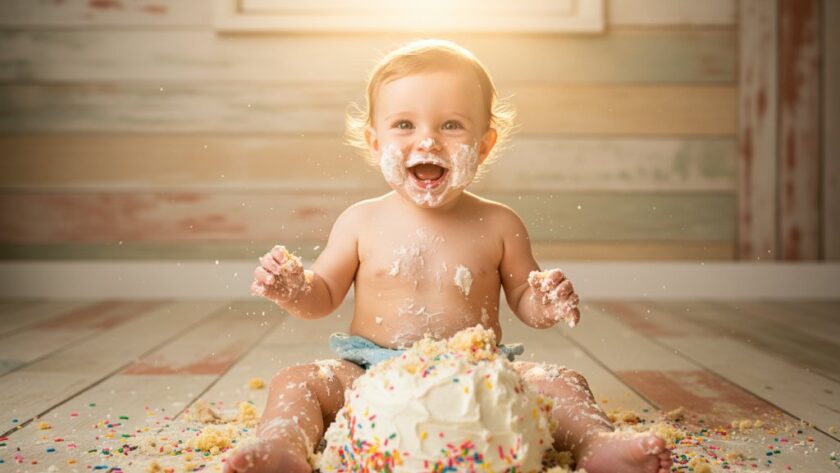 A wide-angle, dramatic shot of a baby joyfully smashing a birthday cake during a joyous Bairnsdale Victoria first birthday cake smash session, surrounded by soft pastels and glowing natural light, capturing pure unadulterated delight.