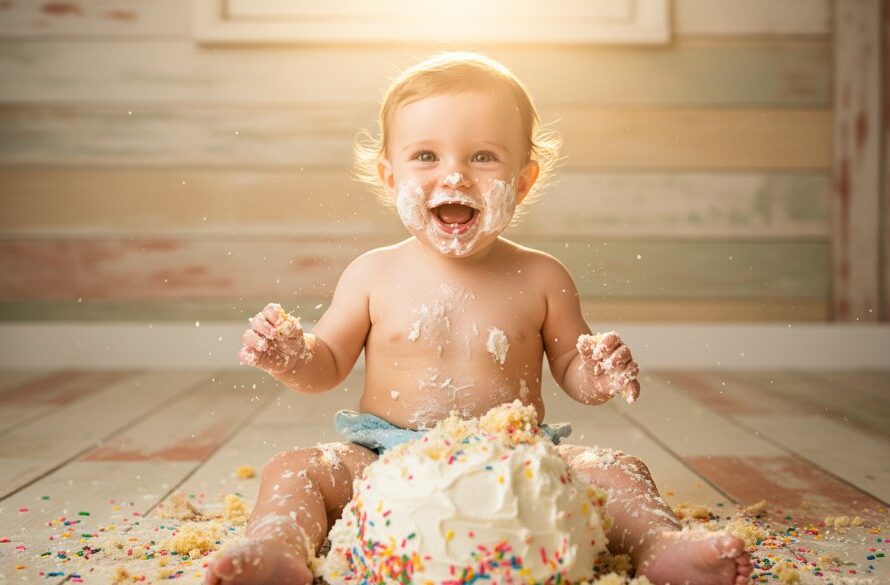 A wide-angle, dramatic shot of a baby joyfully smashing a birthday cake during a joyous Bairnsdale Victoria first birthday cake smash session, surrounded by soft pastels and glowing natural light, capturing pure unadulterated delight.