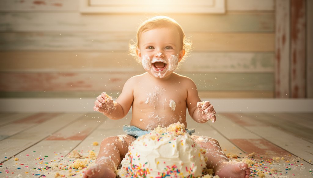 A wide-angle, dramatic shot of a baby joyfully smashing a birthday cake during a joyous Bairnsdale Victoria first birthday cake smash session, surrounded by soft pastels and glowing natural light, capturing pure unadulterated delight.