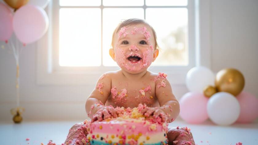 An epic moment captured during a joyous first birthday cake smash photography Balwyn North session, featuring a baby gleefully covered in cake, surrounded by pastel decorations, with dramatic, soft-focus lighting highlighting the child's expression and the mess. A professional, colour-graded cinematic photograph.