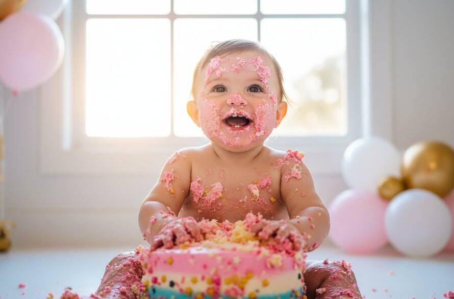An epic moment captured during a joyous first birthday cake smash photography Balwyn North session, featuring a baby gleefully covered in cake, surrounded by pastel decorations, with dramatic, soft-focus lighting highlighting the child's expression and the mess. A professional, colour-graded cinematic photograph.